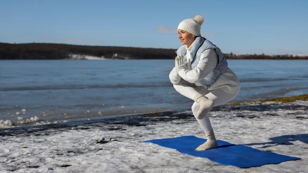 Cold Yoga: A Mindful Chill for Body, Breath & Balance 3 Woman holding a yoga pose during cold yoga session on a frosty mountain morning, surrounded by snow