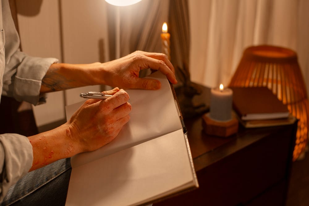 Evening Journaling: A Life-Changing Nightly Habit 1 Evening Journaling habit - person writing in a journal during a peaceful night setting